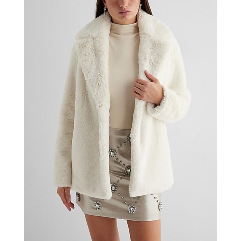 EXPRESS Ivory Faux Fur Coat Plush Mid Length Jacket Size M